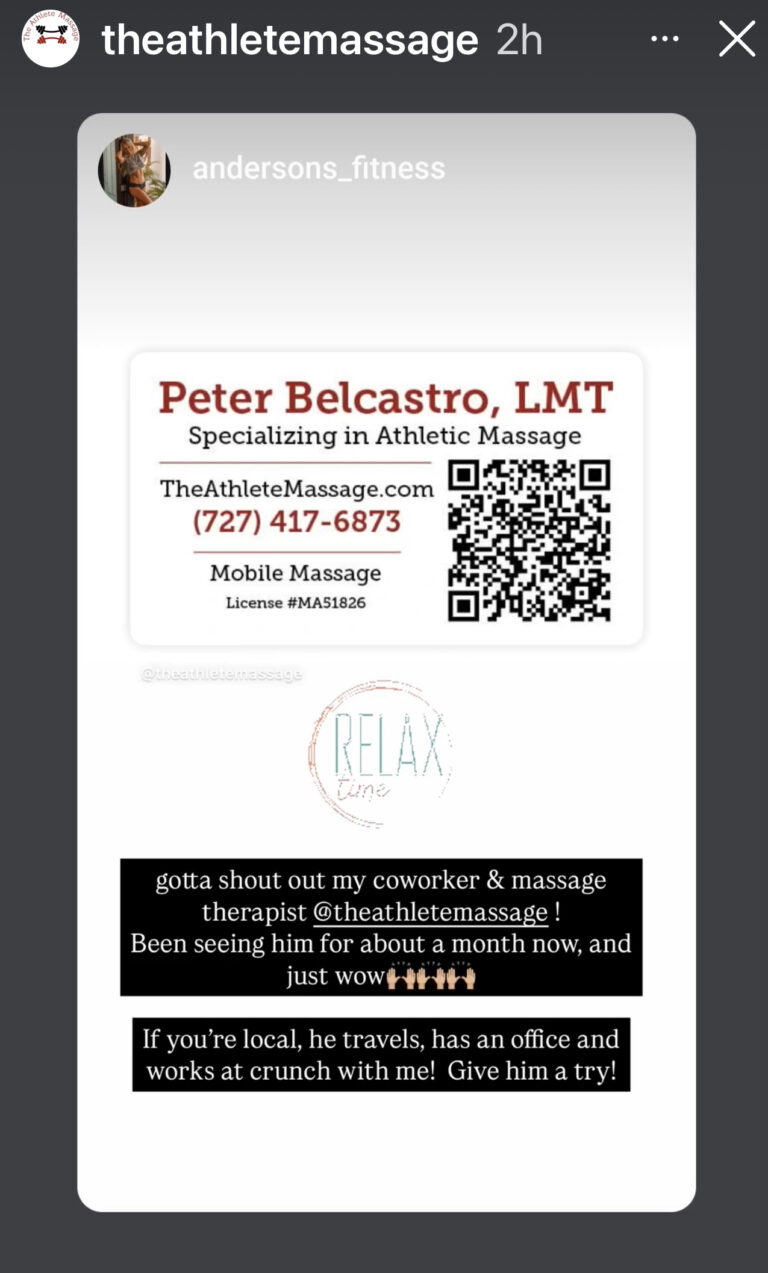 Instagram testimonial @andersons_fitness for Pete Belcastro, The Athlete Massage, "gotta shout out my coworker & massage therapist, just wow!"
