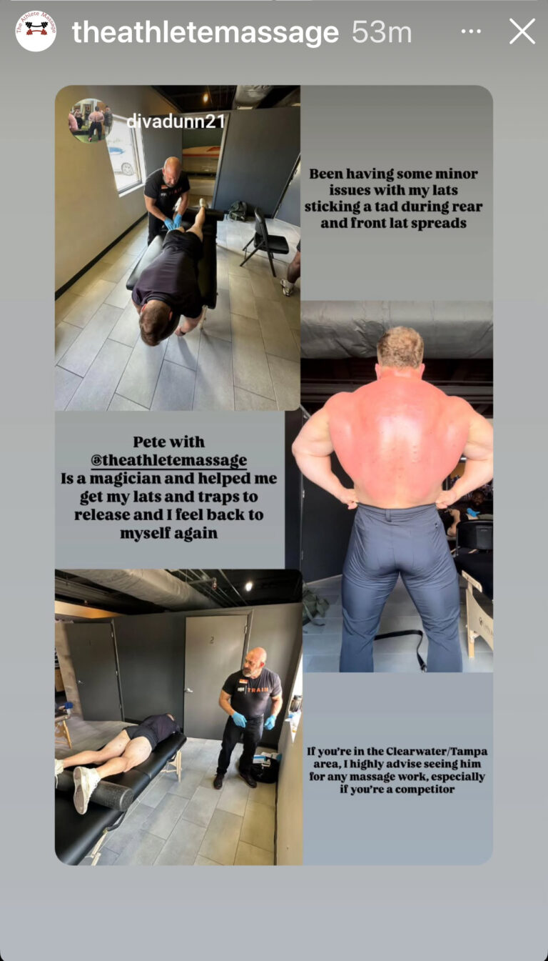 Instagram Testimonial for Pete Belcastro, The Athlete Massage, working on a body builder and trainer at Crunch Fitness, Clearwater, FL